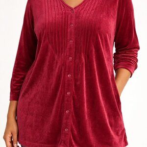 Woman Within Red Velour Button Up Shirt Dress Women’s Size L 18/20